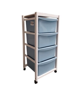 CARRELLO IN LEGNO BIANCO CON CASSETTI BLU, 37,5X36,5X82 CM